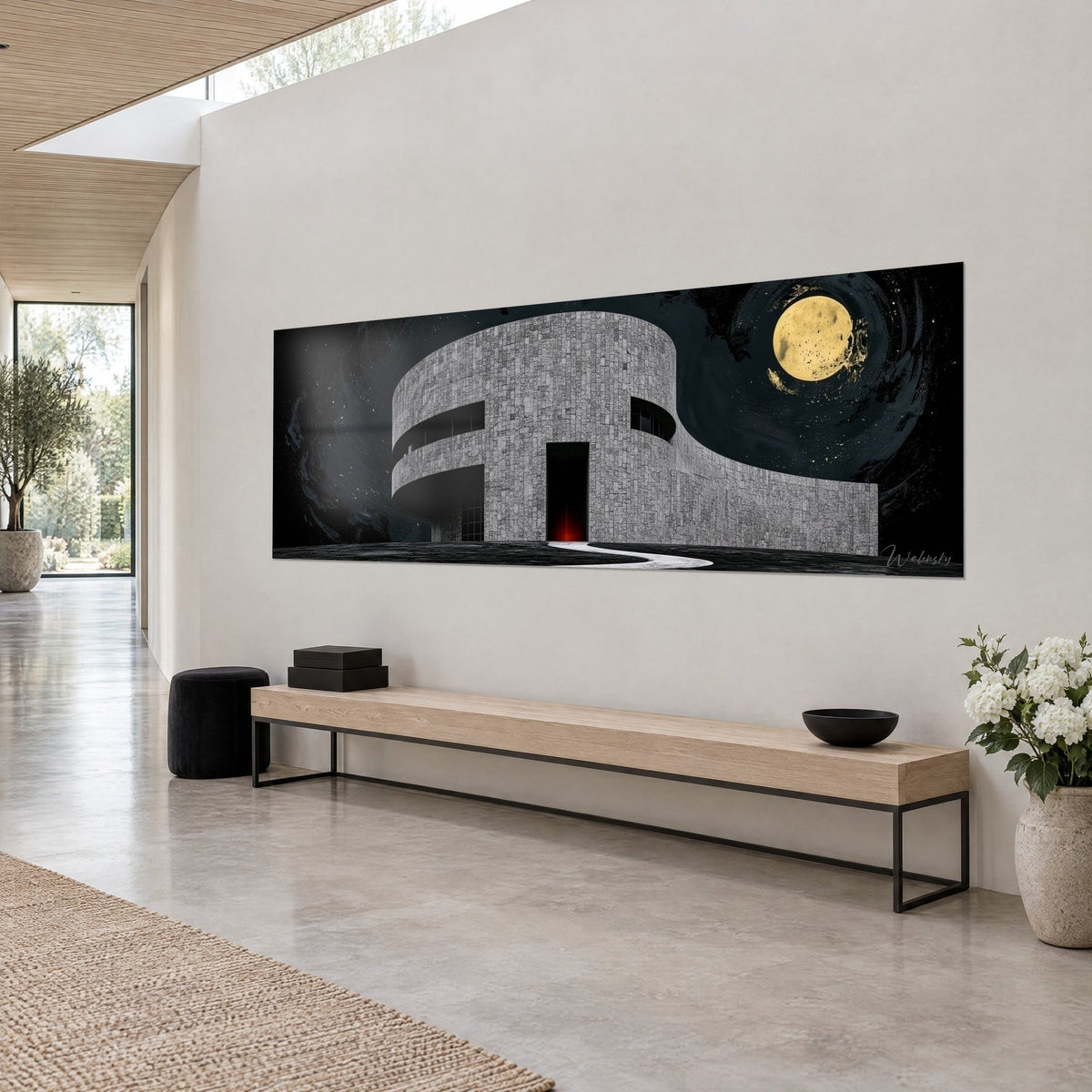 Cuadro edificio curvo de muros de ladrillo gris, puerta negra con resplandor rojo y luna amarilla, visto de tres cuartos en una casa de arquitecto