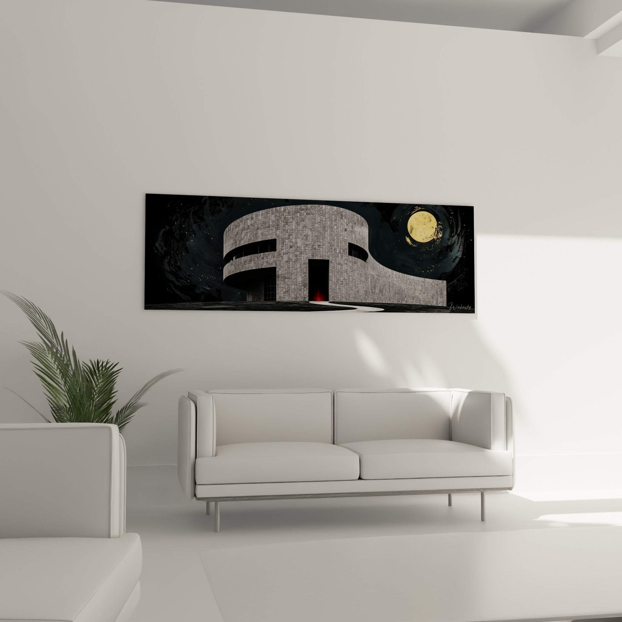 Édifice courbe gris et doré, tableau architecture abstrait au-dessus d'un canapé dans un salon lumineux