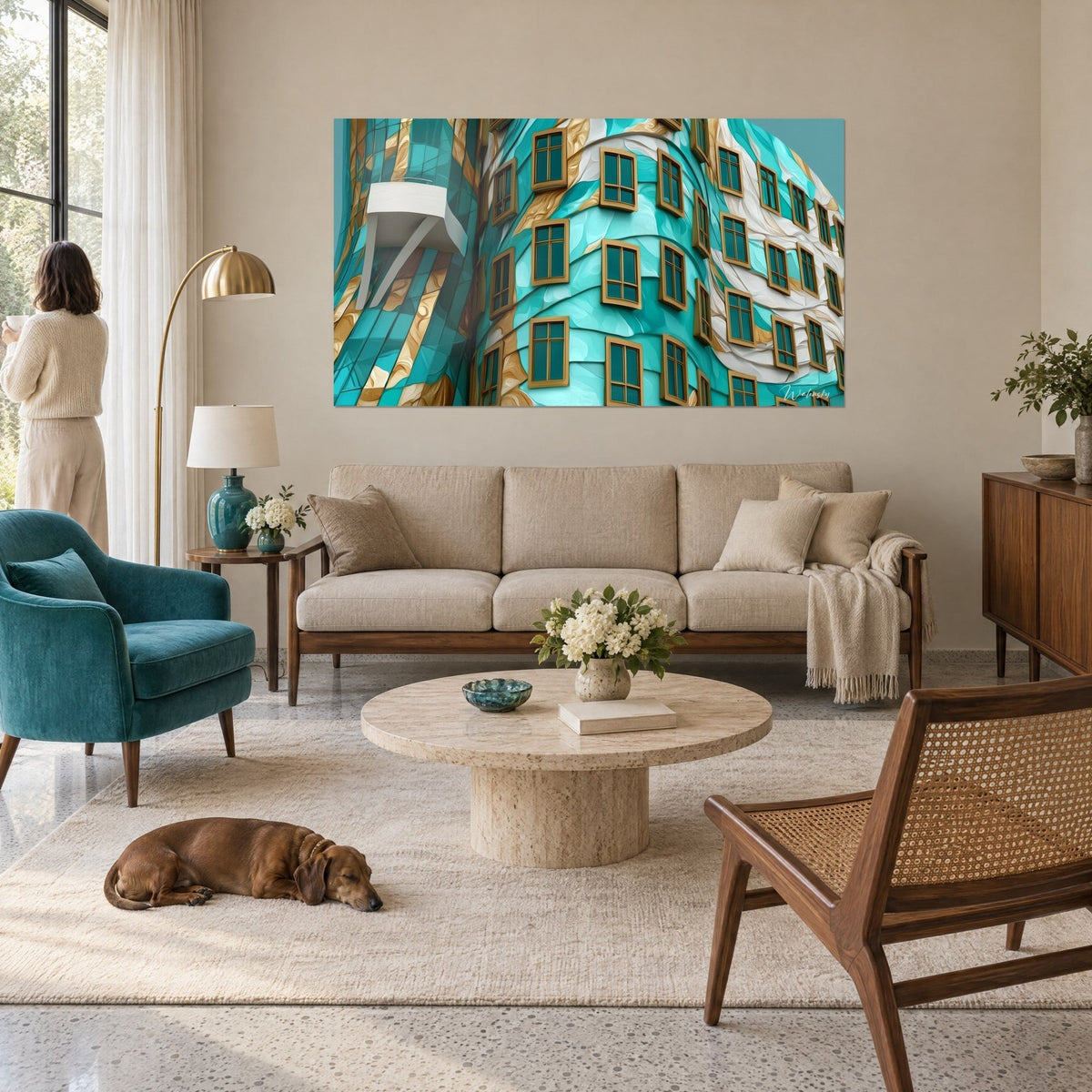 Tableau façade ondulante aux fenêtres cadrées d'ocre, vagues turquoise et dorées, deux personnes de dos et un teckel, au-dessus d'un canapé dans un salon lumineux