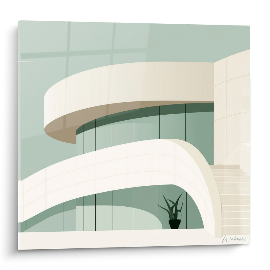 Gemälde Gebogenes Gebäude Creme und Salbeigrün - Museumsstillheit - Architektur Edition Abstrakte Kunst