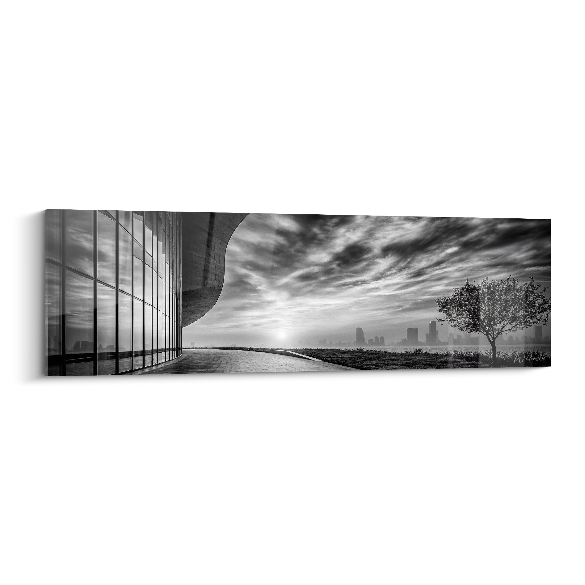 Façade vitrée courbée grise et ciel nuageux blanc, tableau architecture abstrait au lever du jour