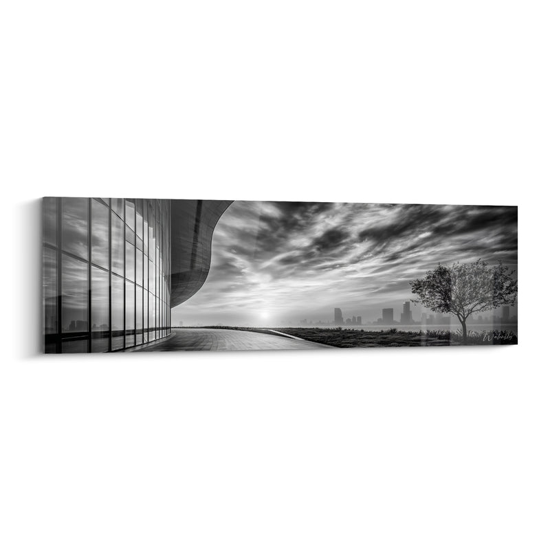 Tableau Bâtiment courbé noir et blanc au lever du soleil - Lever de jour urbain - Edition Architecture abstrait
