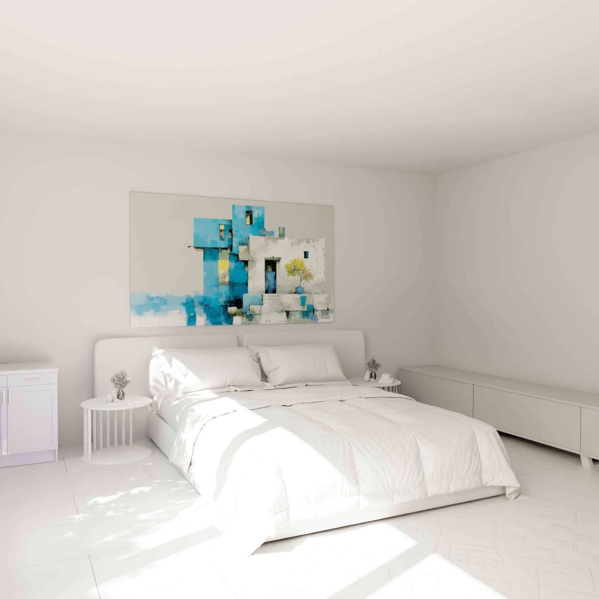 Architecture bleue et blanche aux fenêtres sombres, accrochée au-dessus d'un lit dans une chambre claire