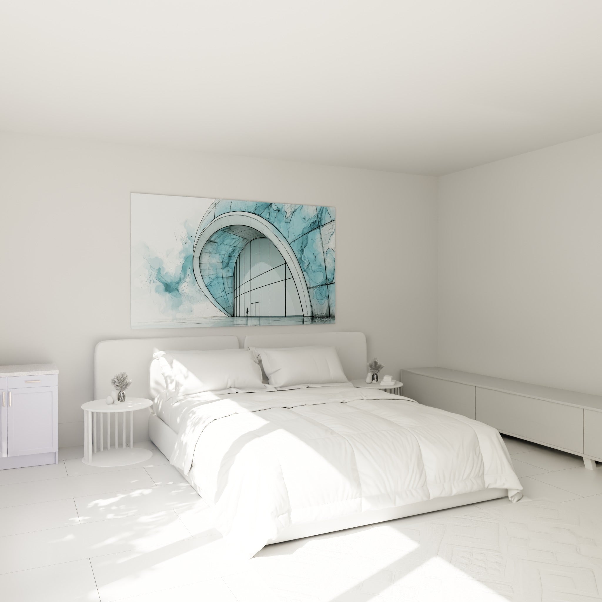 Bâtiment courbé bleu marine et blanc, style esquissé, accroché au-dessus d'un lit dans une chambre claire