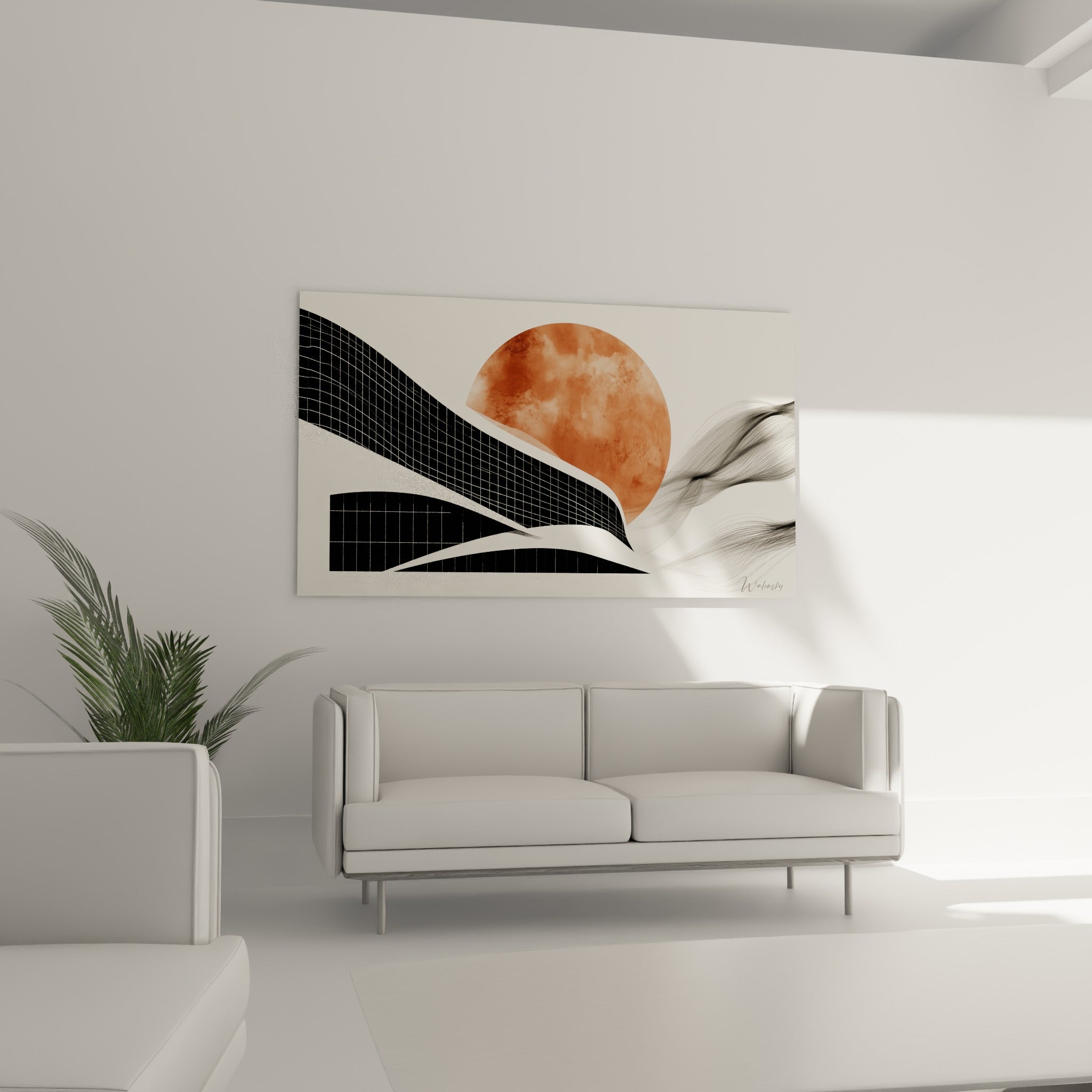 Silhouette anguleuse noire et disque terracotta au-dessus d'un canapé dans un salon lumineux