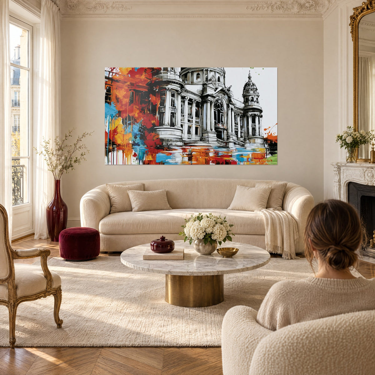 Schilderij neoclassicistisch paleis in grijs en wit, oranje en turquoise verfspatten, een vrouw van achteren, boven een bank in een lichte woonkamer