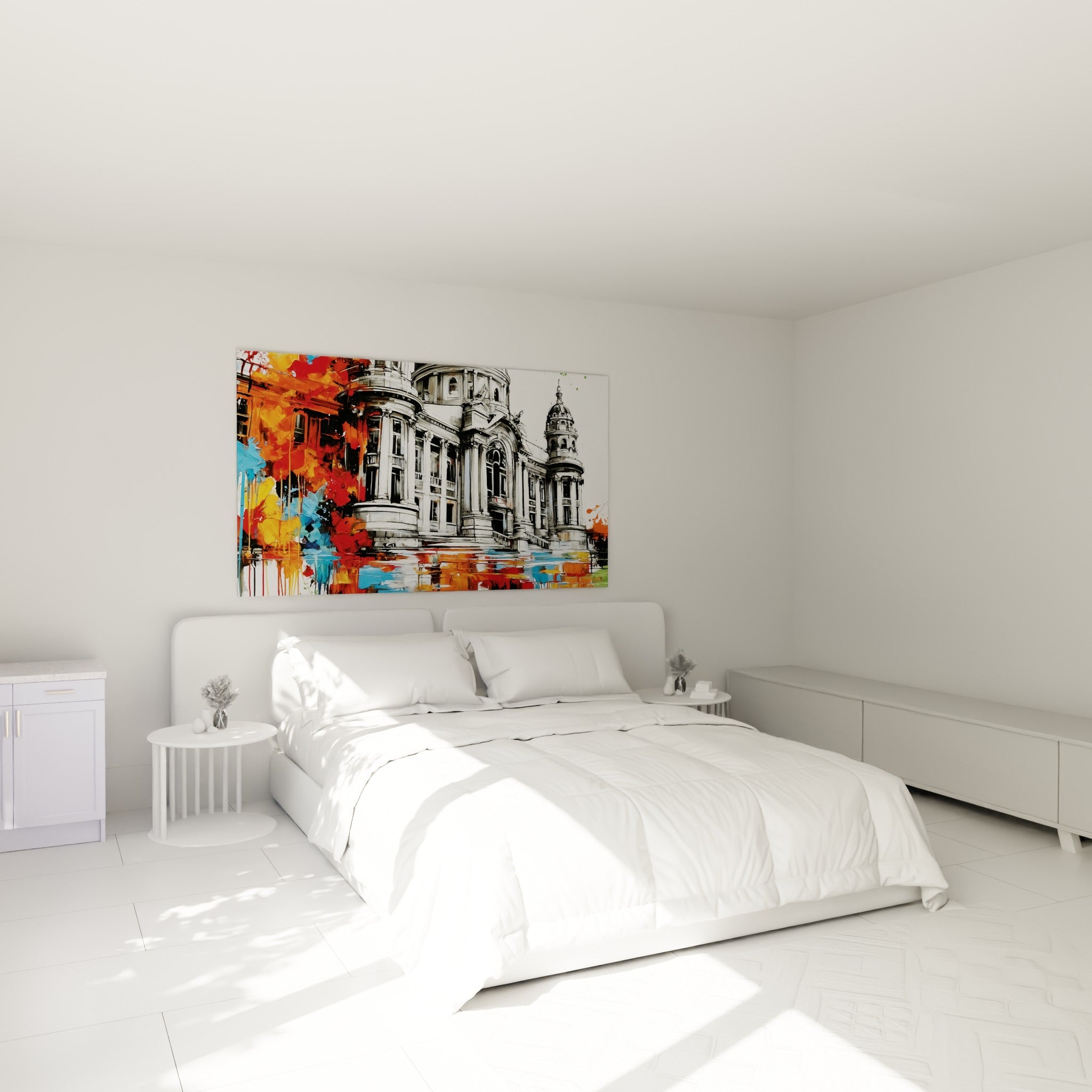 Façade architecturale grise et rouge éclaboussée de couleurs, au-dessus d'un lit dans une chambre claire