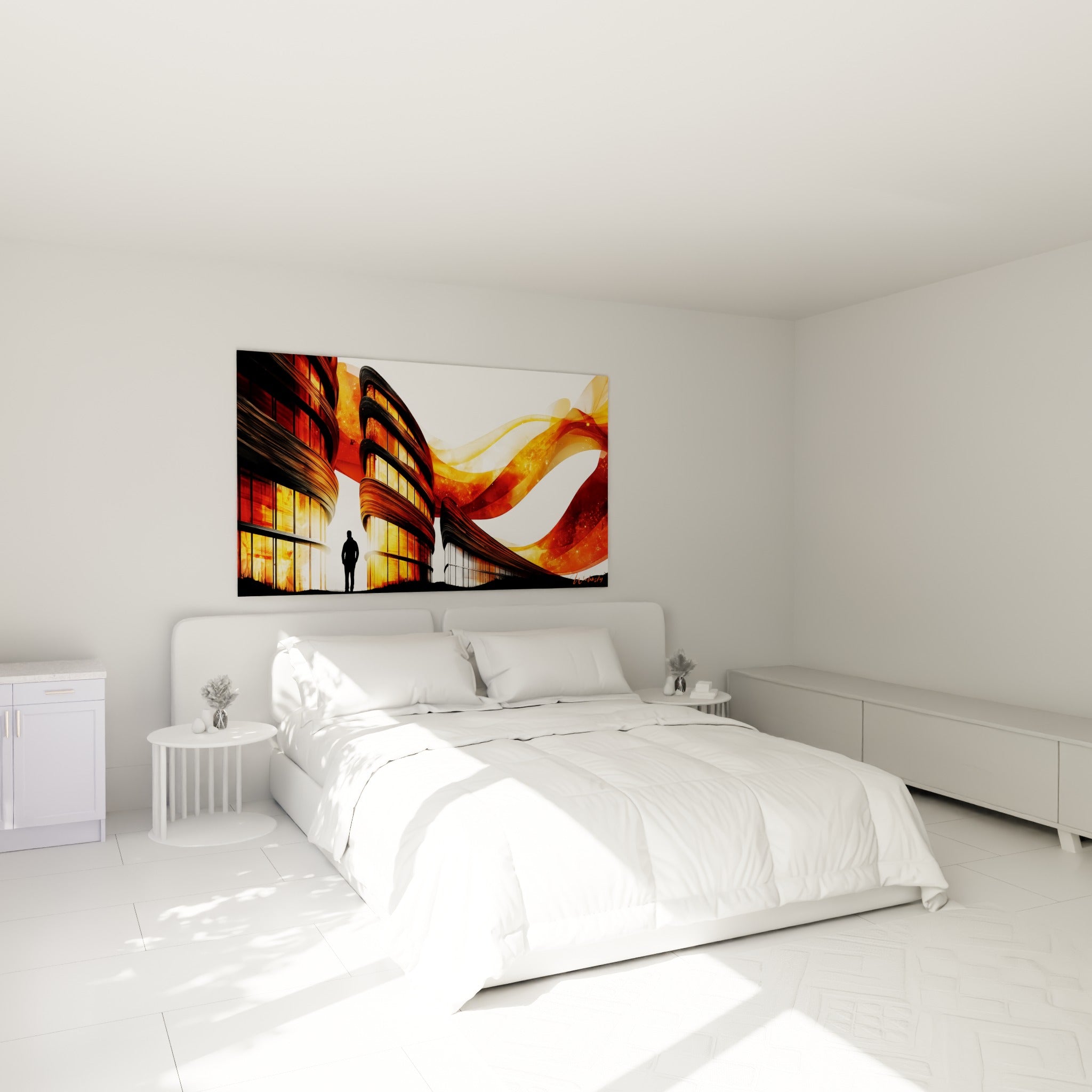 Bâtiment aux courbes orange et volutes fauves, tableau architecture abstrait au-dessus d'un lit dans une chambre claire