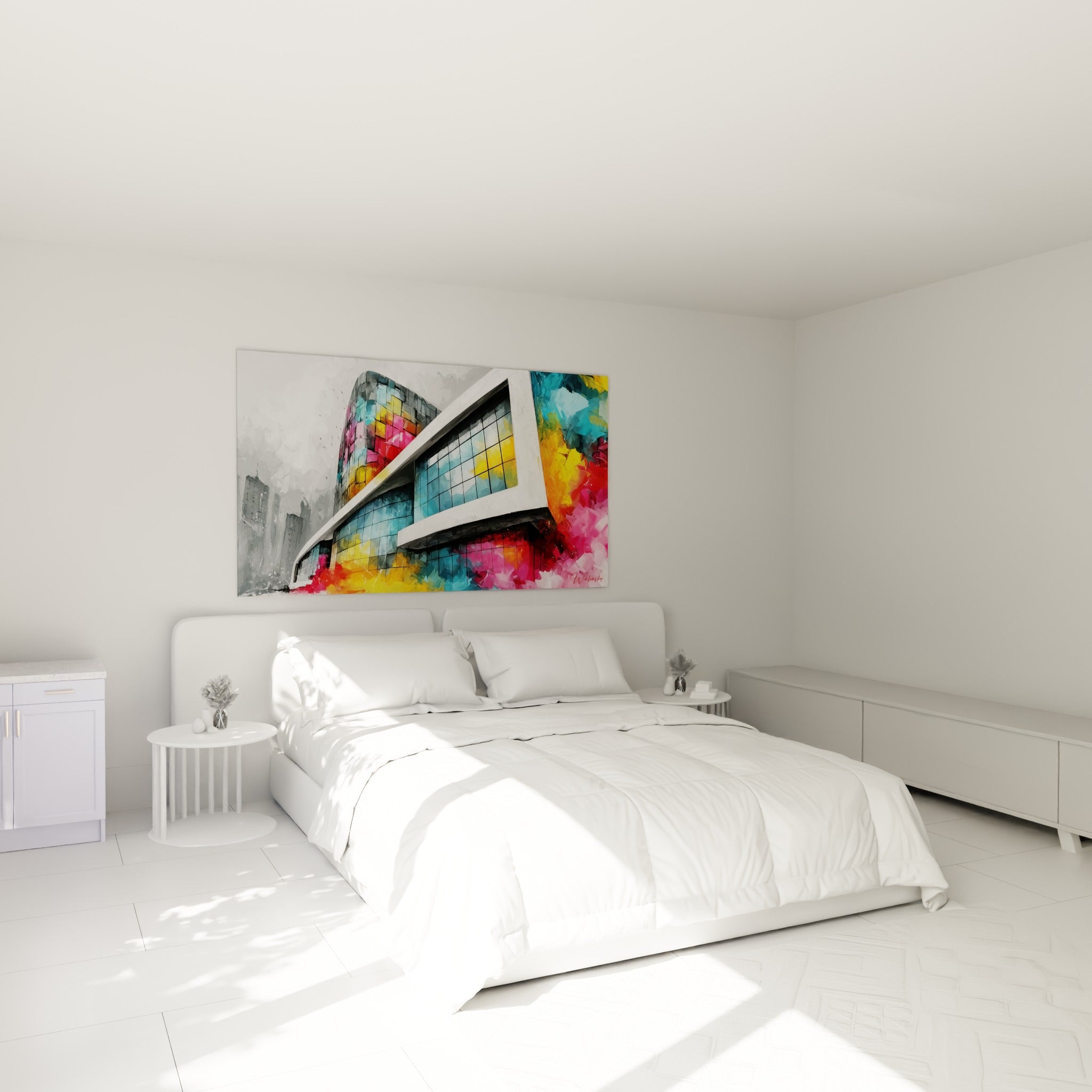Façade colorée bleu et jaune safran d'un immeuble contemporain, au-dessus d'un lit dans une chambre claire