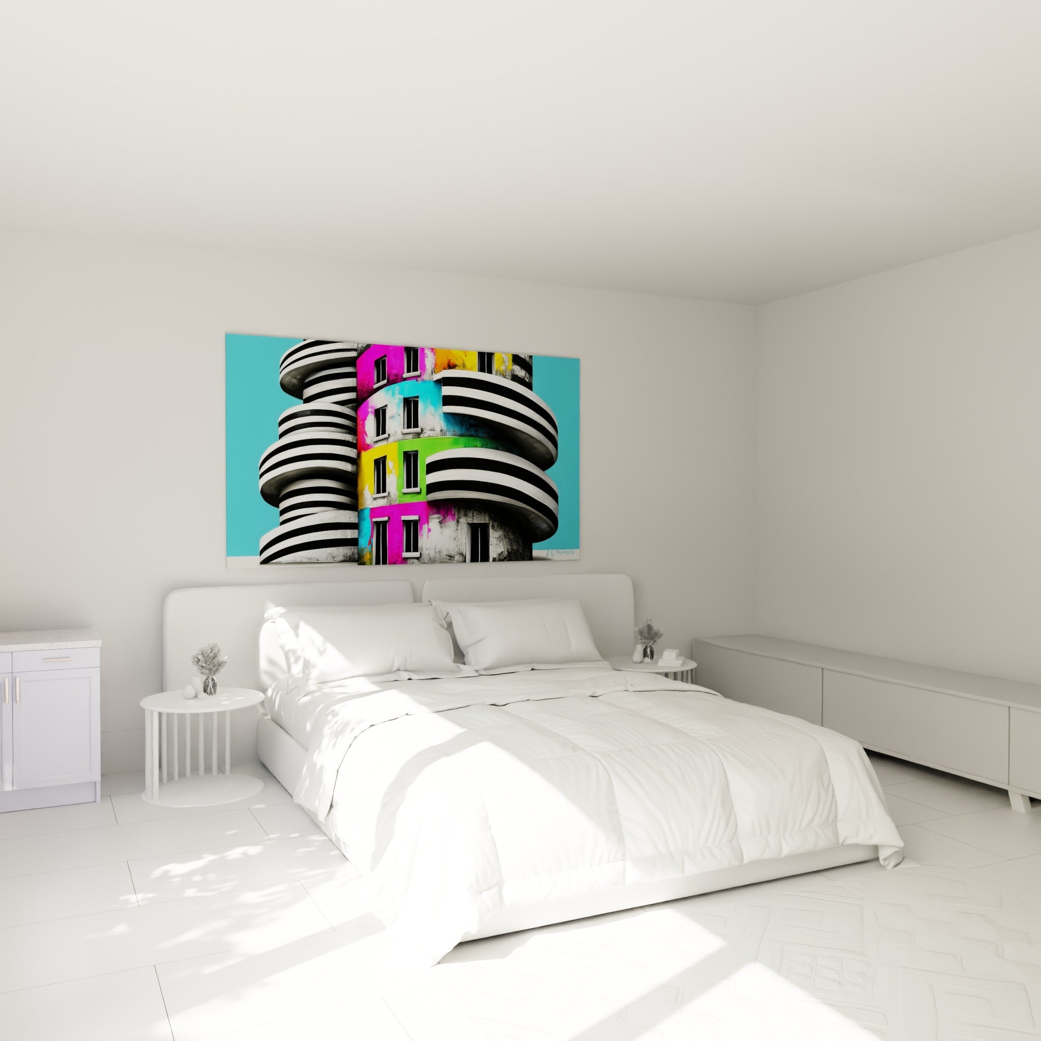 Façade colorée en rose, turquoise et jaune sur immeuble strié, accrochée au-dessus d'un lit dans une chambre claire