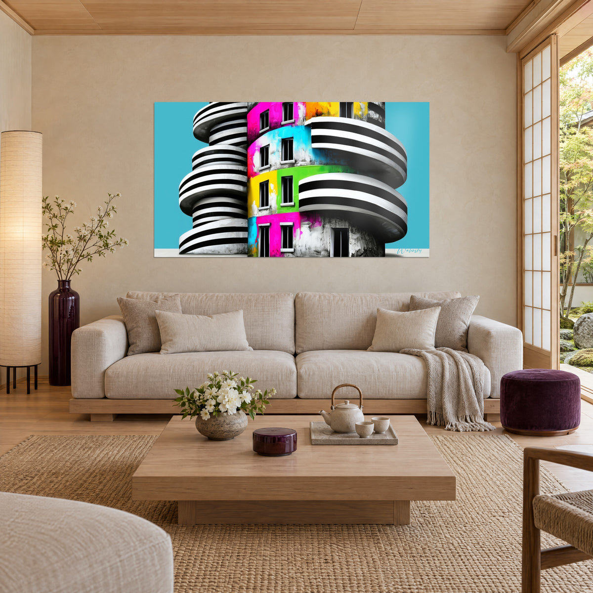 Tableau tour en spirale aux balcons rayés noir et blanc, façade rose, jaune et vert, au-dessus d'un canapé dans un salon lumineux