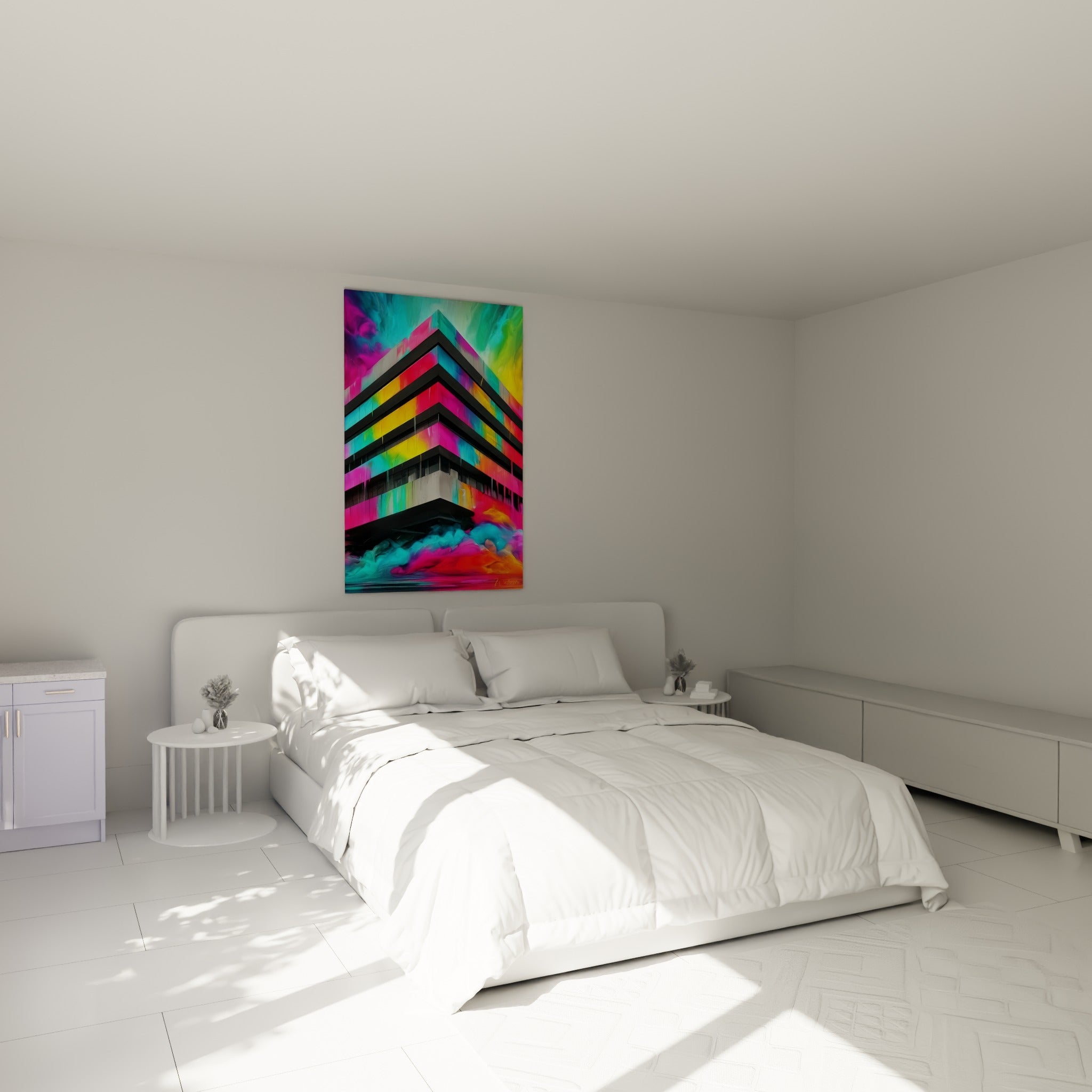 Façade colorée en fuchsia et turquoise, tableau architecture abstrait au-dessus d'un lit dans une chambre claire