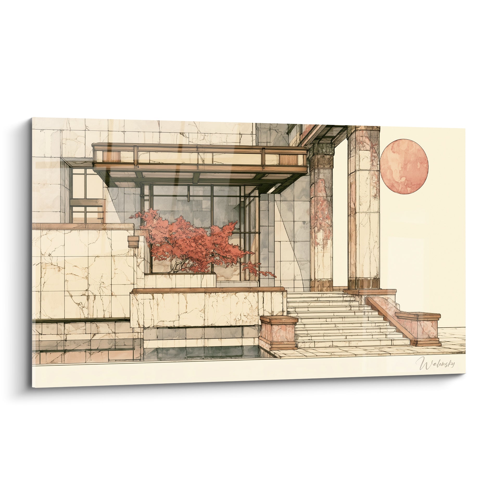 Tableau architecture abstrait d'une façade ivoire et terracotta aux colonnes marbrées et arbre pourpre