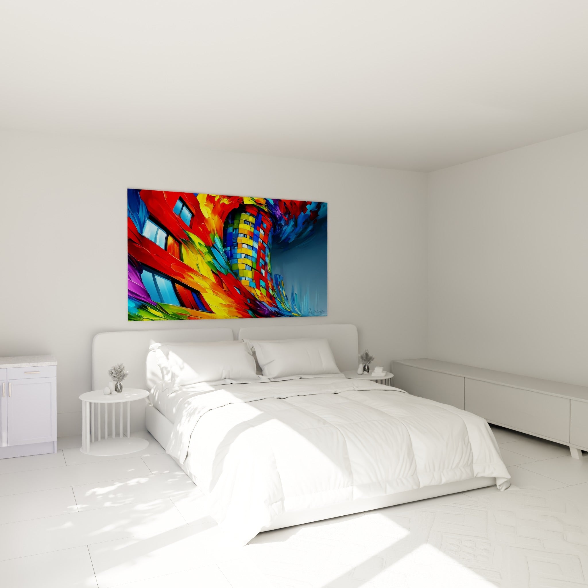 Façade urbaine rouge et bleu tourbillonnant, accrochée au-dessus d'un lit dans une chambre claire