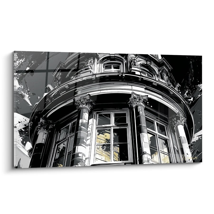Tableau Colonnade noire et blanche aux fenêtres dorées - Balcon corinthien classique - Edition Architecture abstrait
