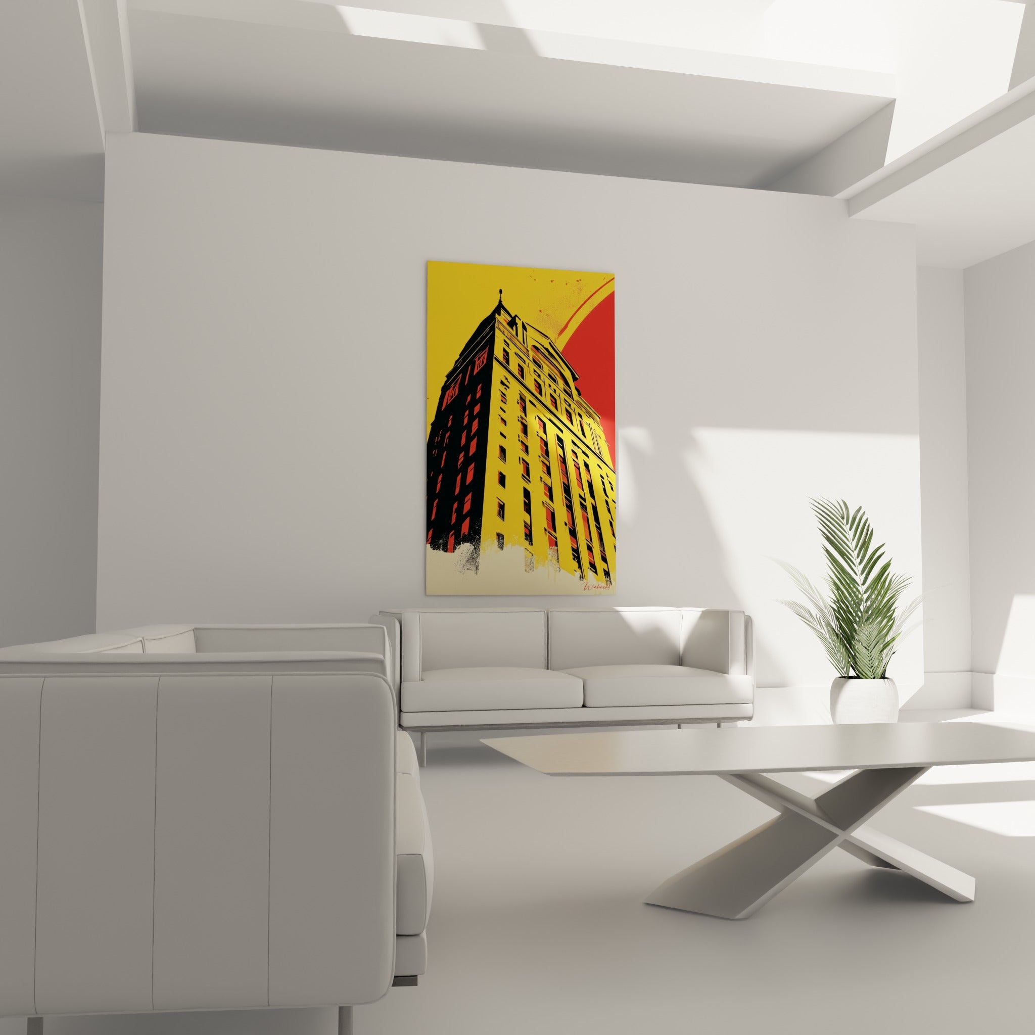 Tour beaux-arts jaune vif et noire au-dessus d'un canapé dans un salon lumineux