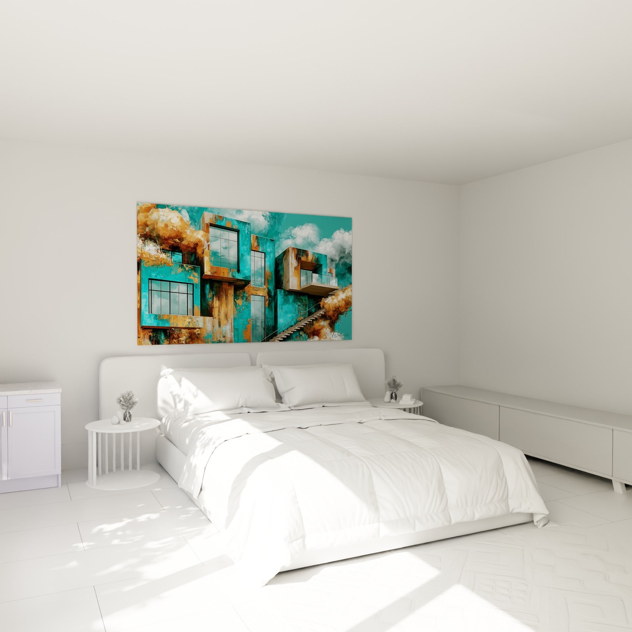 Volumes architecturaux turquoise et cuivre de cette architecture abstraite au-dessus d'un lit dans une chambre claire