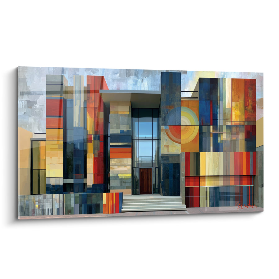 Gemälde Fassade Patchwork Rot und Blau am Glasportal - Treppe zur Eingangshalle - Architektur Edition abstrakte Kunst
