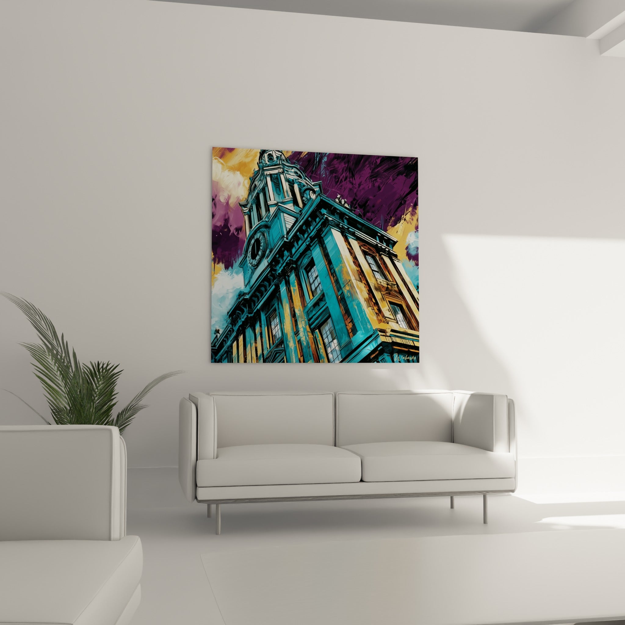 Édifice ancien bleu turquoise aux reliefs ocre sous un ciel pourpre, au-dessus d'un canapé dans un salon lumineux