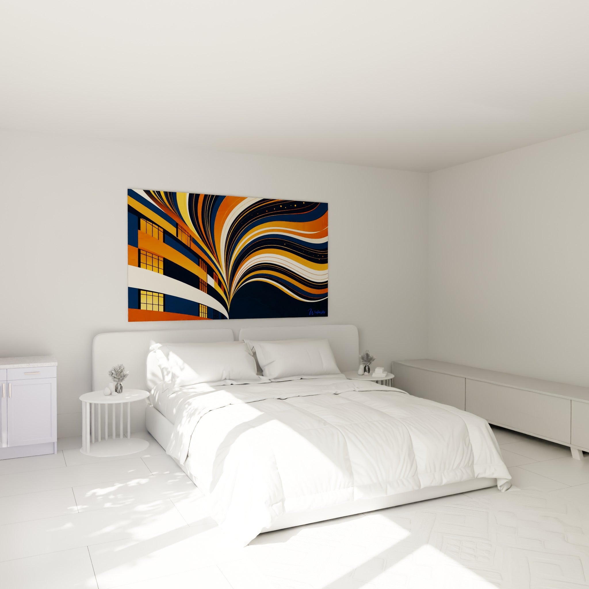 Vagues orange et bleu marine de cette architecture abstrait au-dessus d'un lit dans une chambre claire