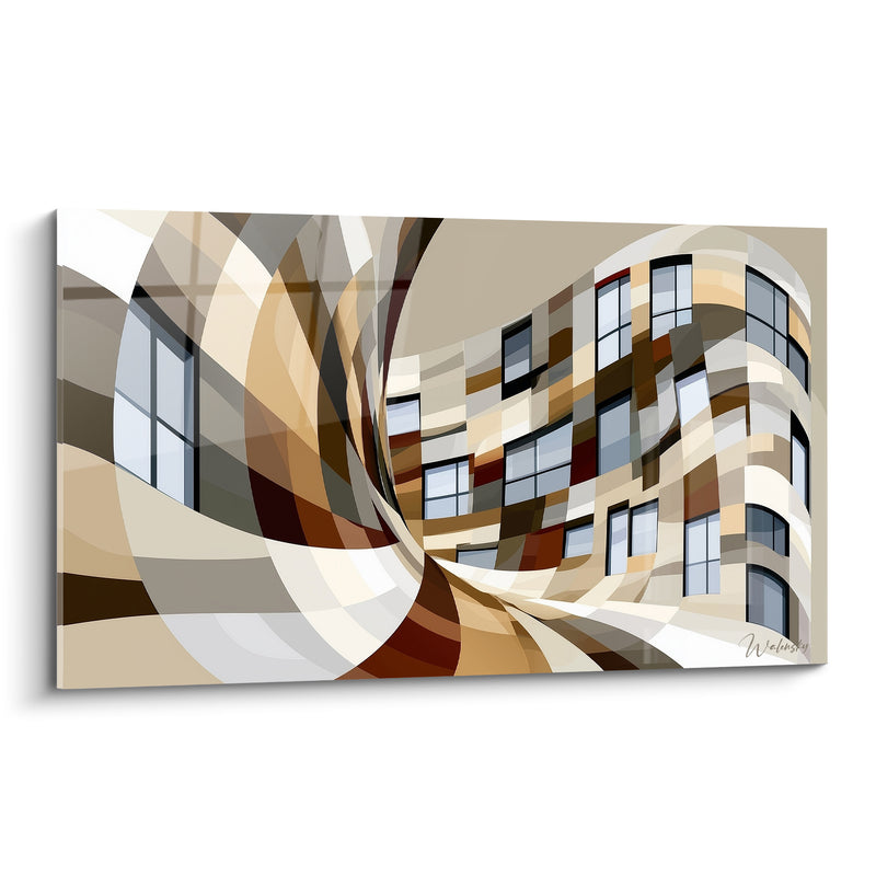 Tableau Façade tourbillonnante brune et beige aux fenêtres multiples - Vortex architectural - Edition Architecture abstrait