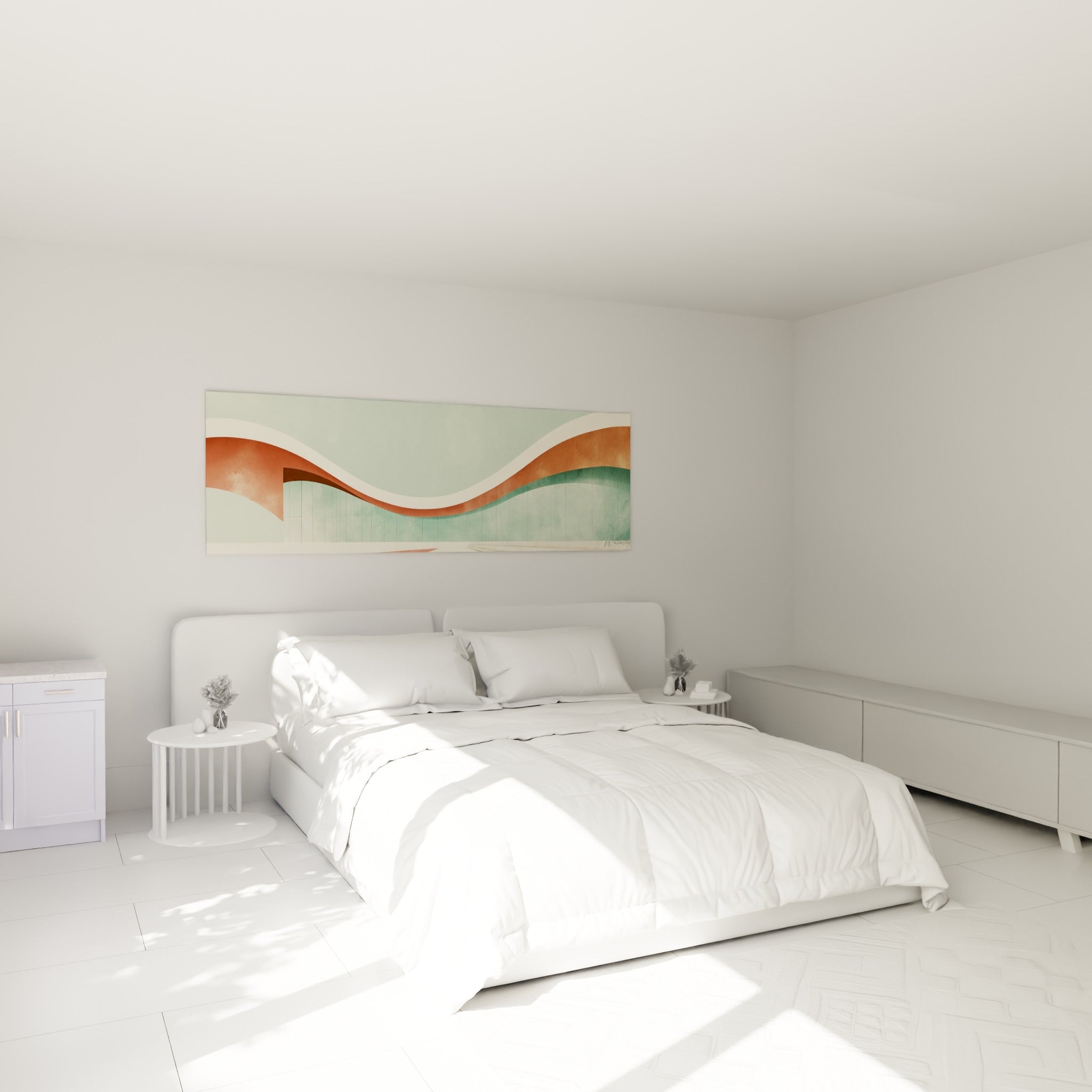Courbes vert d'eau et corail de ce tableau architecture abstraite, au-dessus d'un lit dans une chambre claire