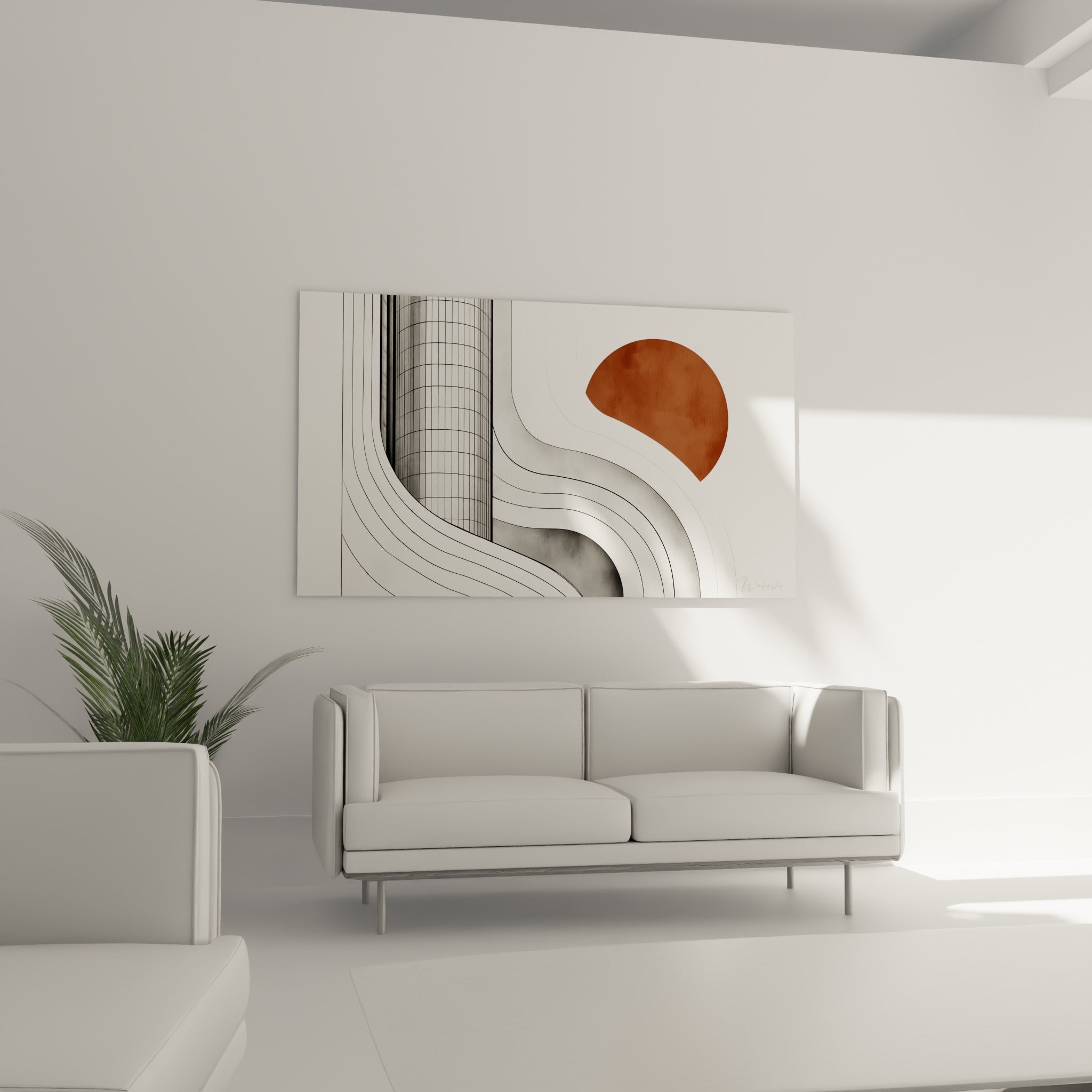 Courbes anthracite et blanches autour d'un soleil terracotta au-dessus d'un canapé dans un salon lumineux