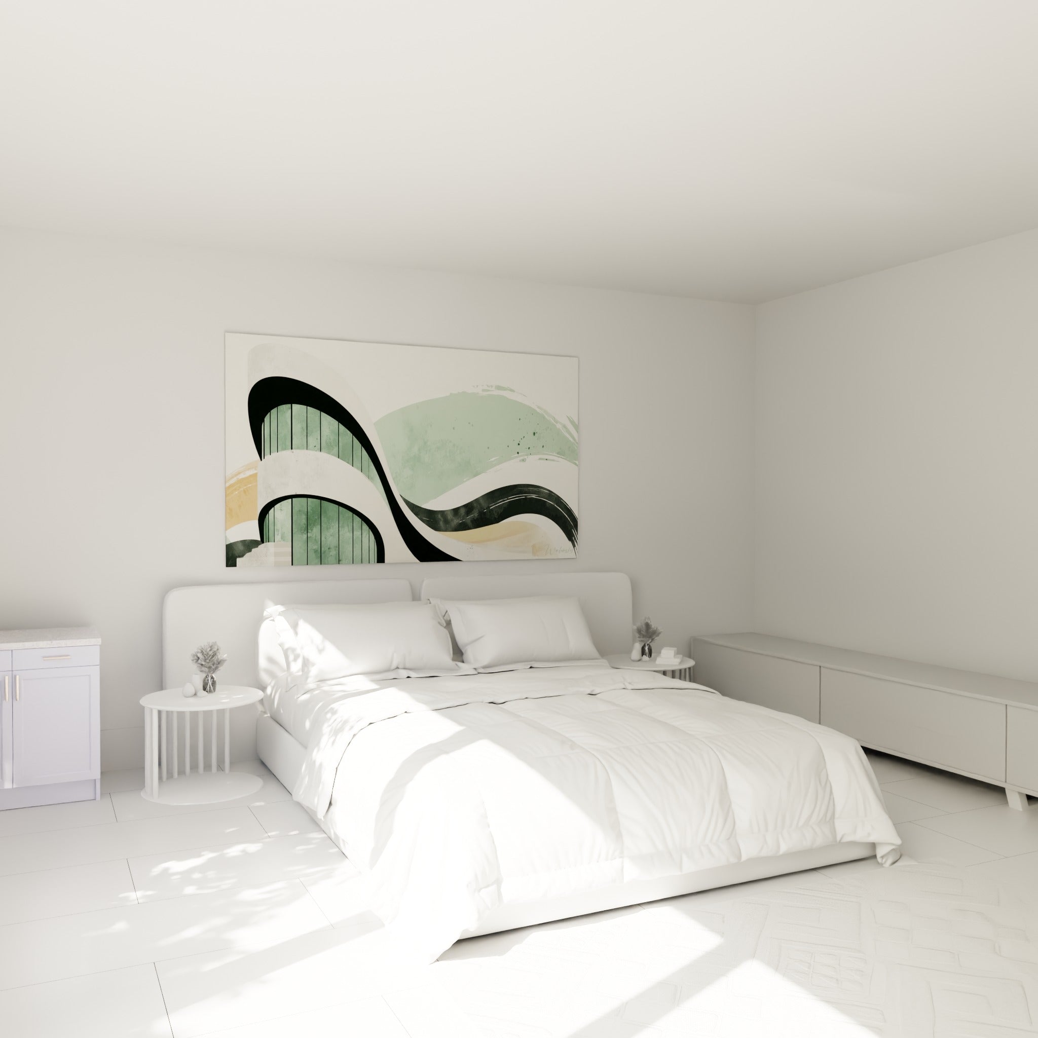 Courbes organiques vert sauge et anthracite du tableau architecture abstrait au-dessus d'un lit dans une chambre claire
