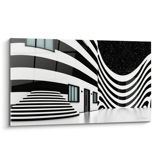 Façade ondulante noire et blanche avec escalier circulaire et ciel étoilé, tableau architecture abstrait
