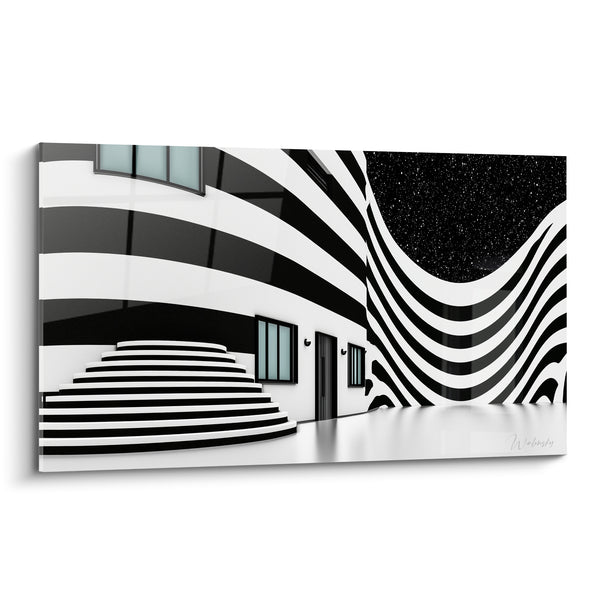 Cuadro Escalera rayada blanco y negro con cielo estrellado - Fachada a rayas ondulante - Edición Arquitectura abstracta