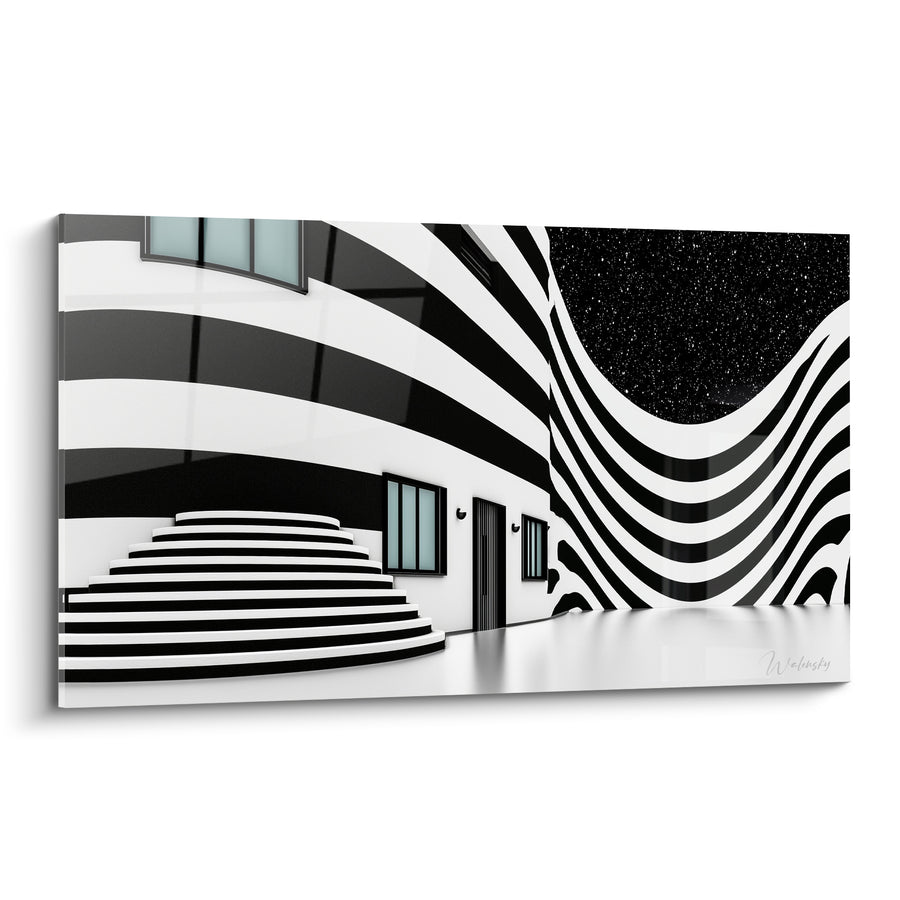 Gemaltes Treppenhaus gestreift schwarz und weiß am Sternenhimmel - Gewellte Fassade Zebra-Muster - Edition Architektur abstrakt