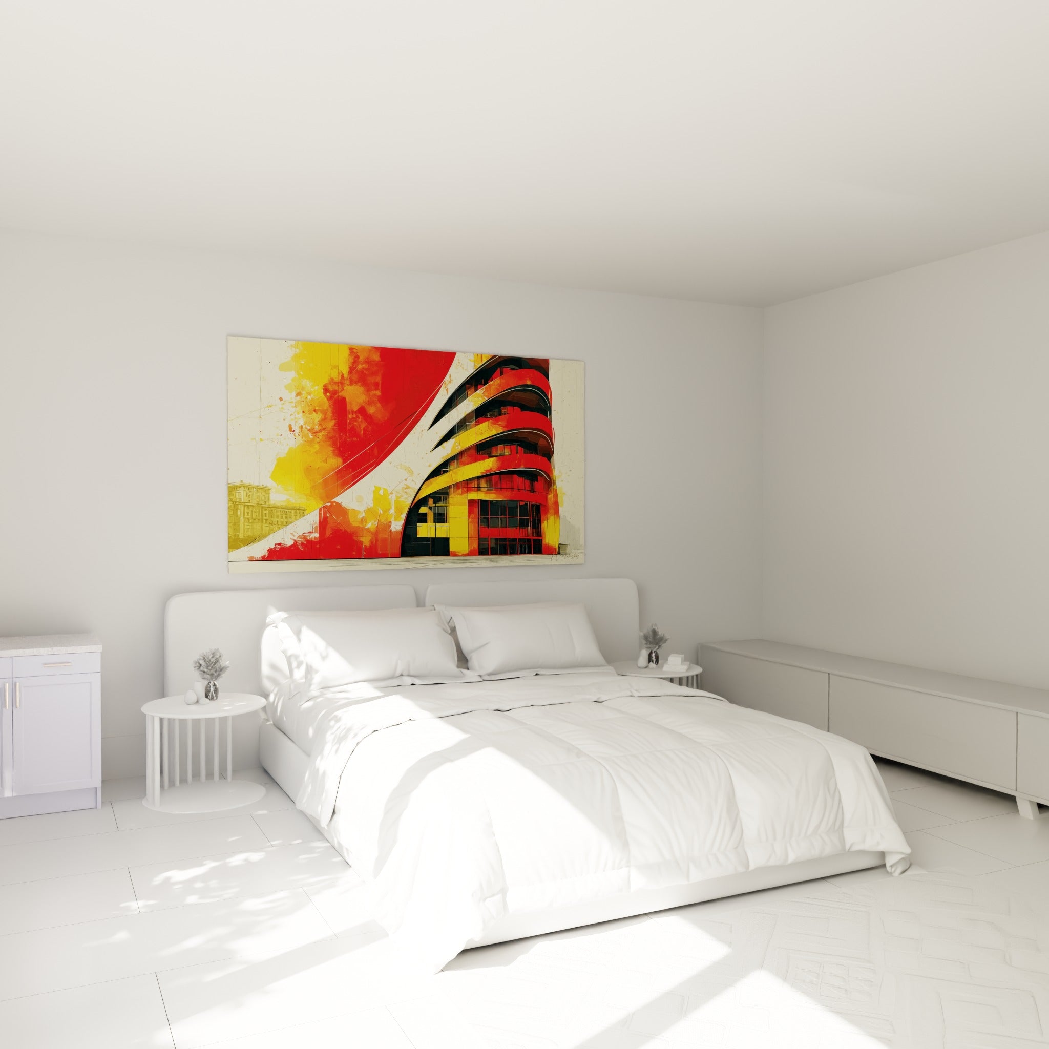 Façade rouge vermillon et jaune safran aux courbes architecturales, au-dessus d'un lit dans une chambre claire