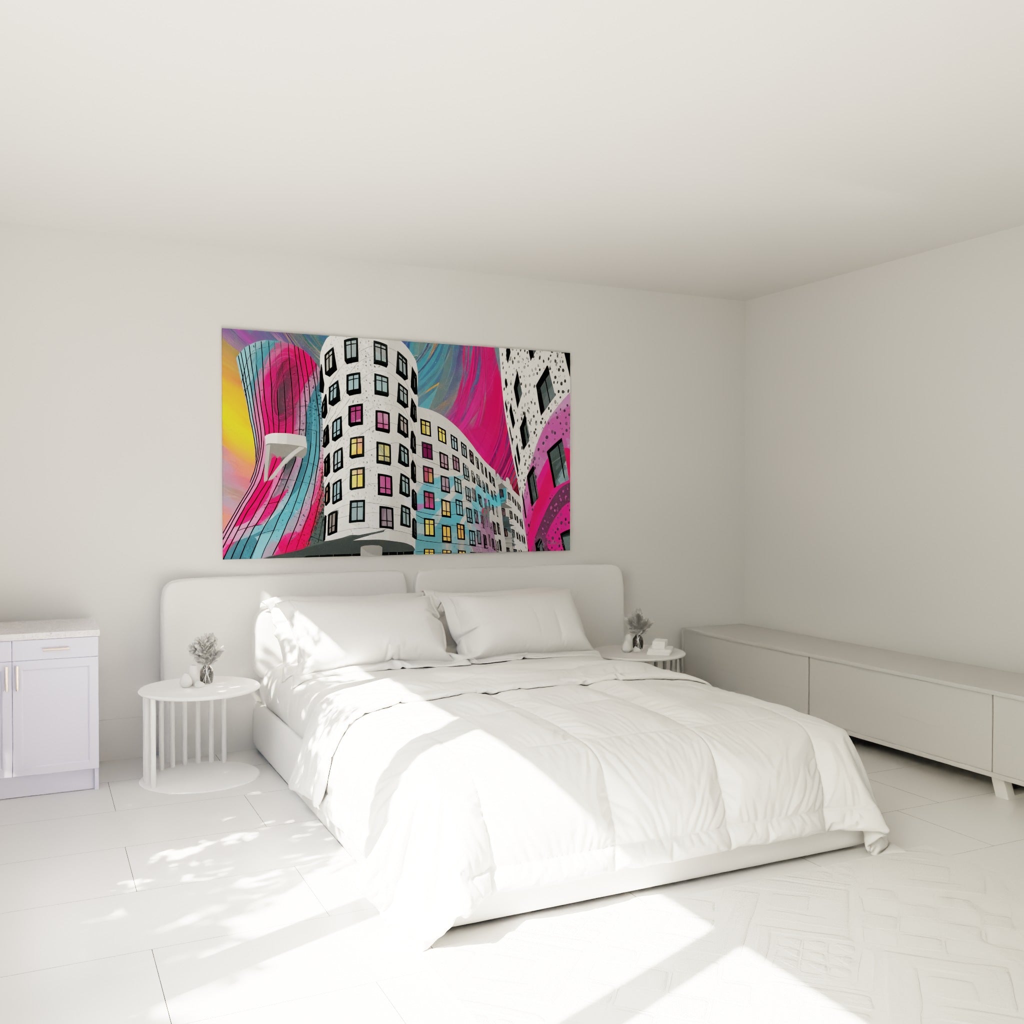 Façade urbaine fuchsia et turquoise aux fenêtres colorées, accrochée au-dessus d'un lit dans une chambre claire