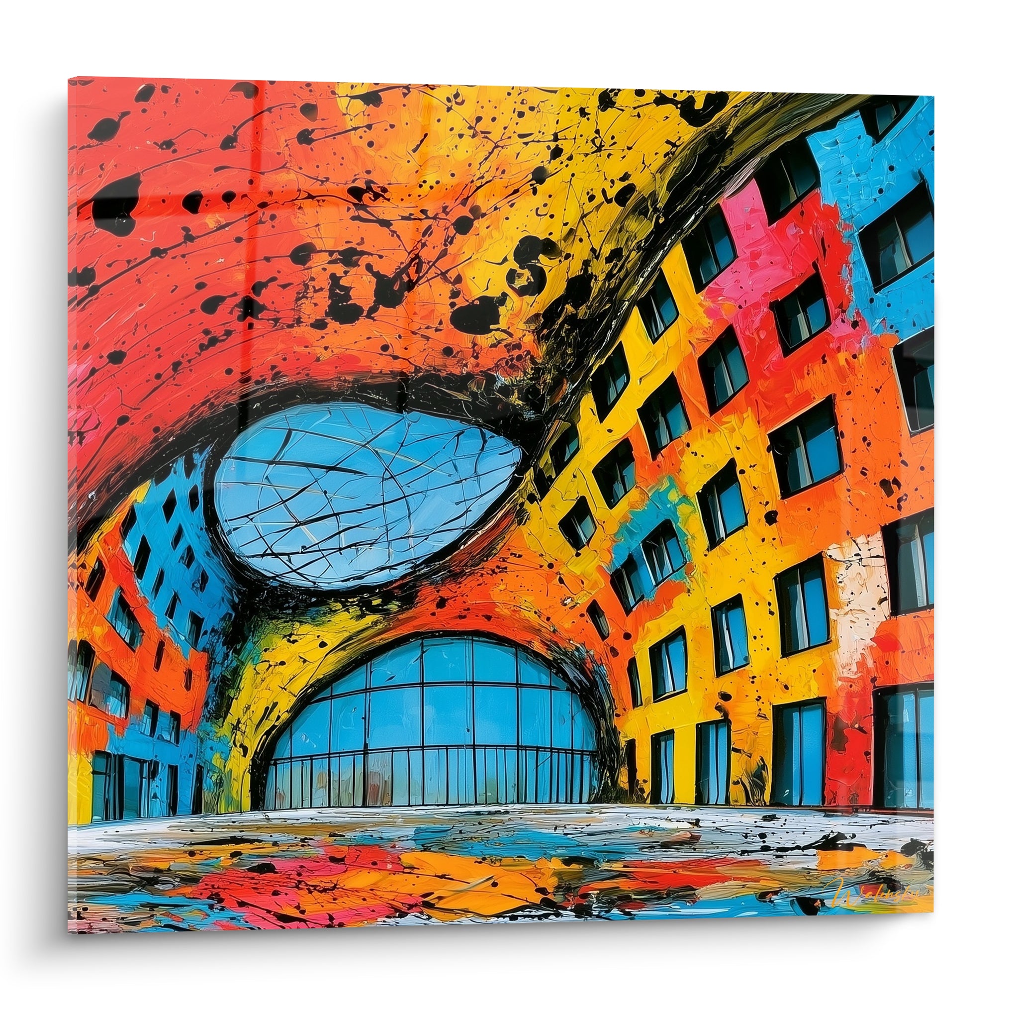 Façade incurvée orange et bleu éclaboussée de noir, tableau architecture abstrait aux fenêtres vitrées