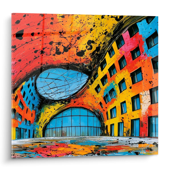 Cuadro Edificio naranja y amarillo con vidrieras ovaladas salpicadas - Fachada salpicada de tinta negra - Edición Arquitectura abstracta