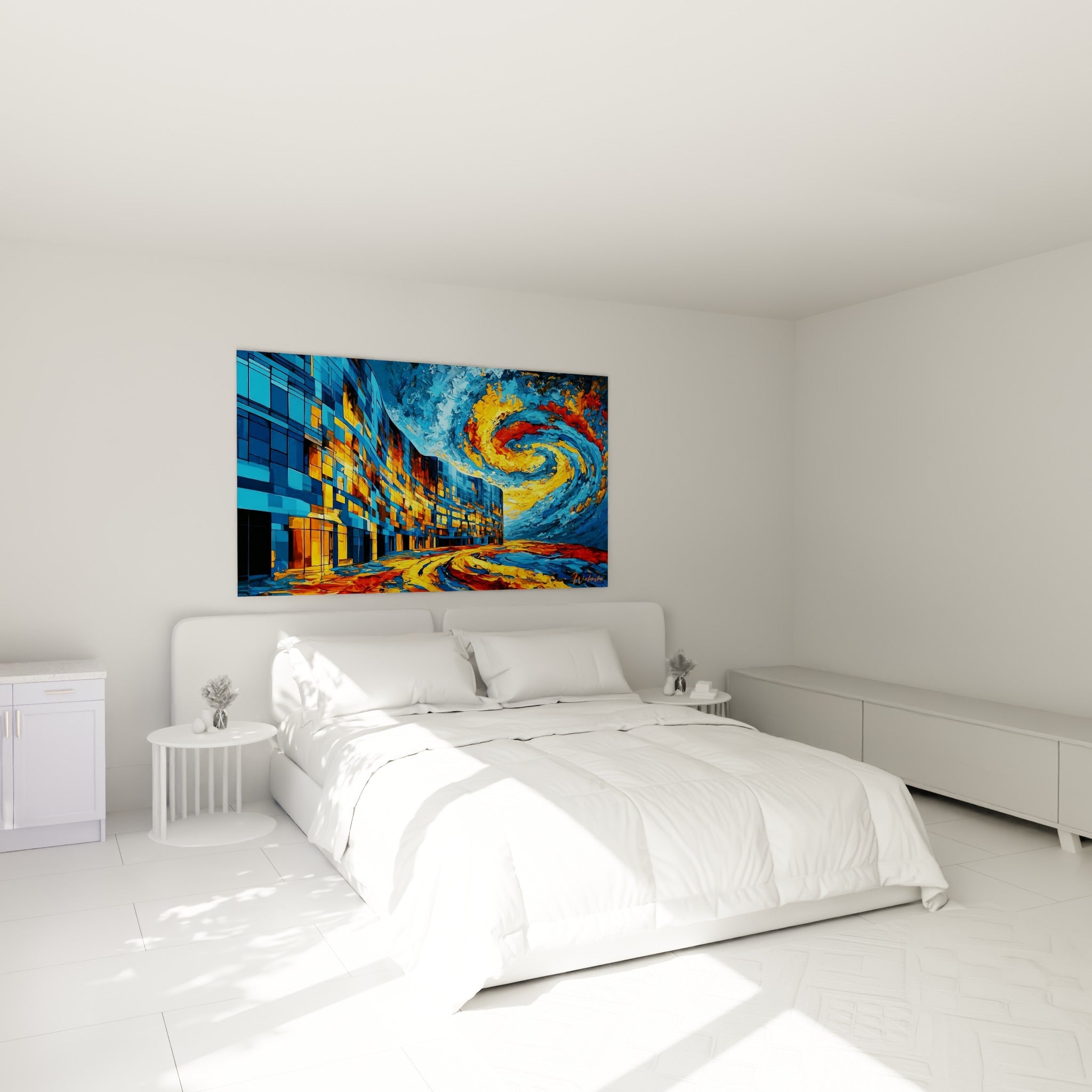 Spirale orange et bleu profond enveloppant une rue nocturne, œuvre au-dessus d'un lit dans une chambre claire