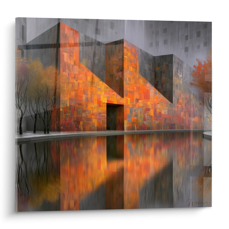 Tableau Bâtiment orangé aux reflets sur bassin - Silence du crépuscule - Edition Architecture abstrait
