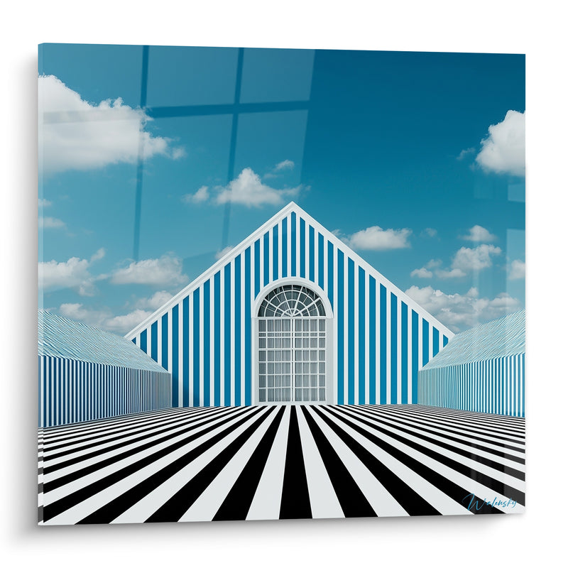 Tableau Façade rayée bleu et blanc à fronton triangulaire - Seuil vertigineux - Edition Architecture abstrait