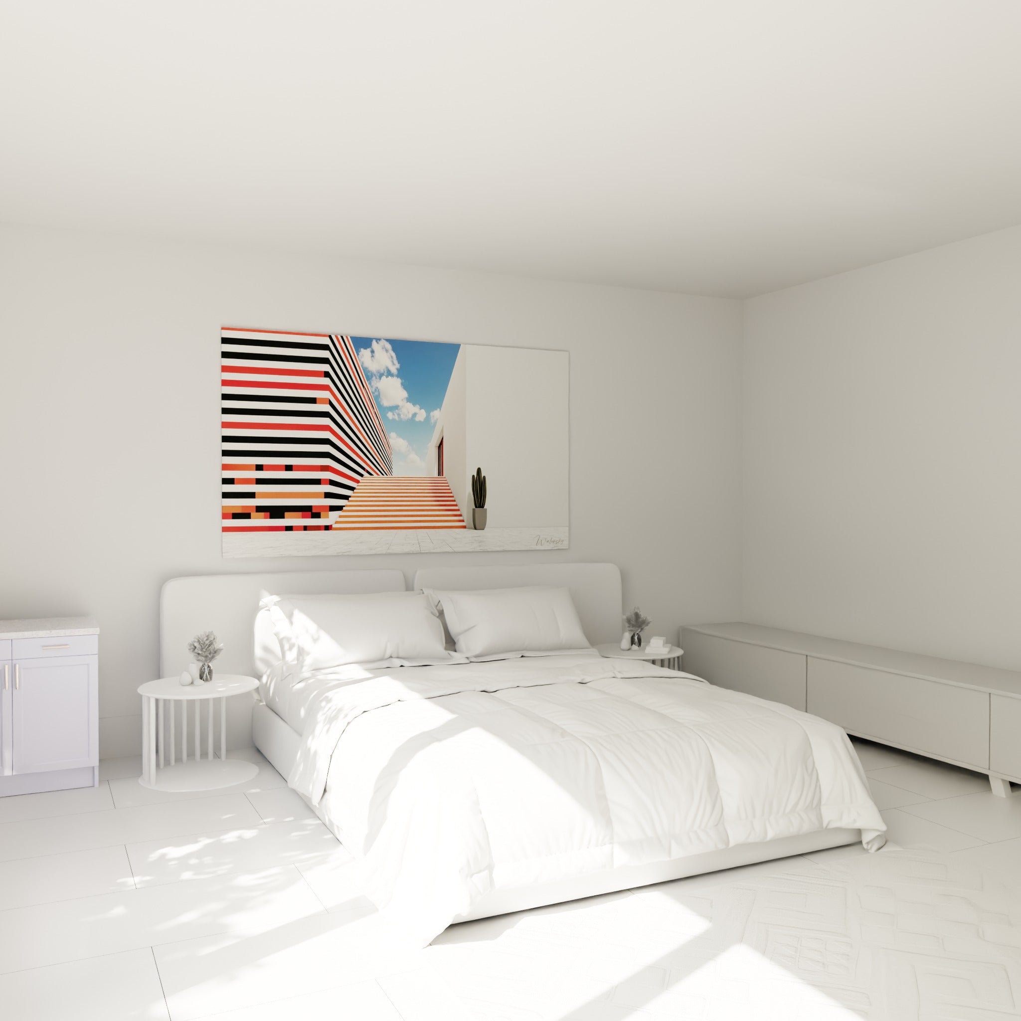 Façade rayée rouge et blanche avec escalier orange, tableau architecture abstraite au-dessus d'un lit dans une chambre claire