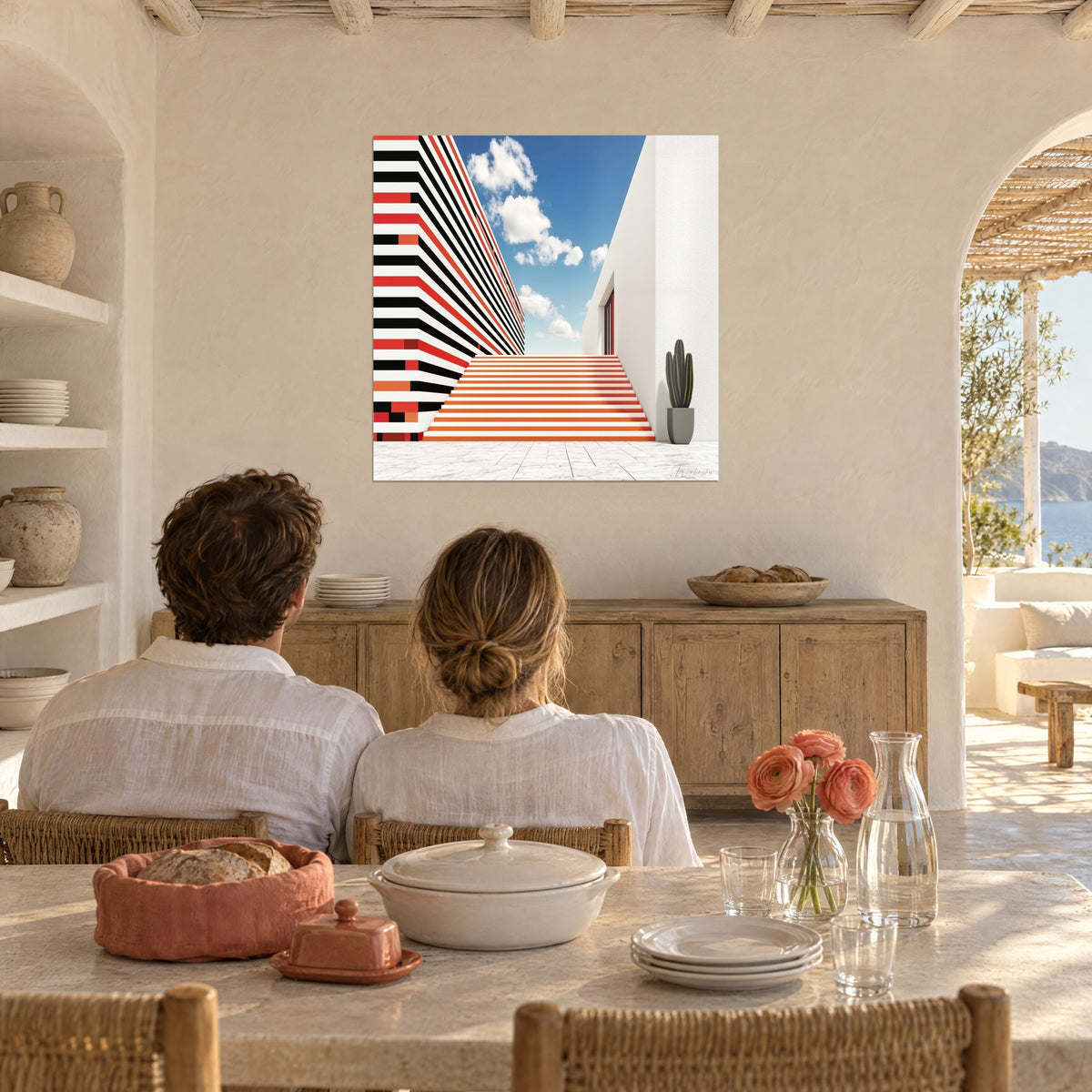Tableau passage vers le ciel entre murs rayés noir et blanc et escalier orangé, un couple de dos dans une salle à manger