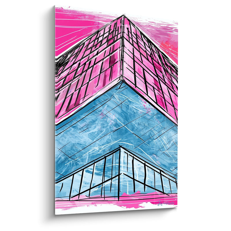 Pink and Blue Skyscraper Painting with Quilted Glazings - Striking Vertical Angle - Abstract Architecture Edition