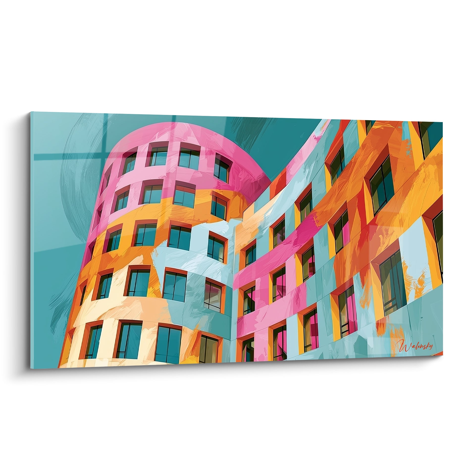 Immeuble rose et orange en architecture abstrait, façade courbée sur fond turquoise vibrant