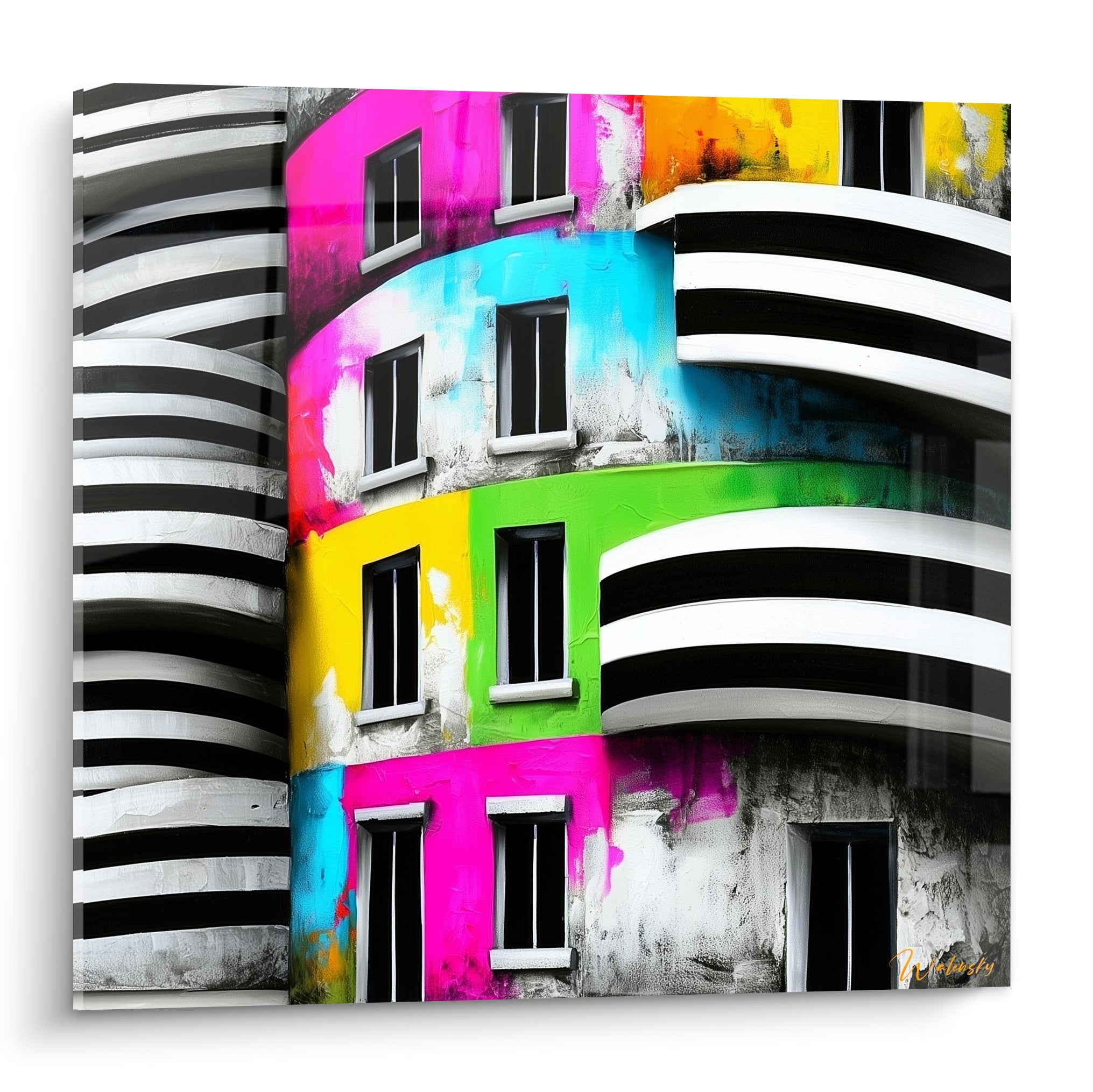 Façade colorée en rose magenta et bleu turquoise, bandes noires ondulées, tableau architecture abstrait