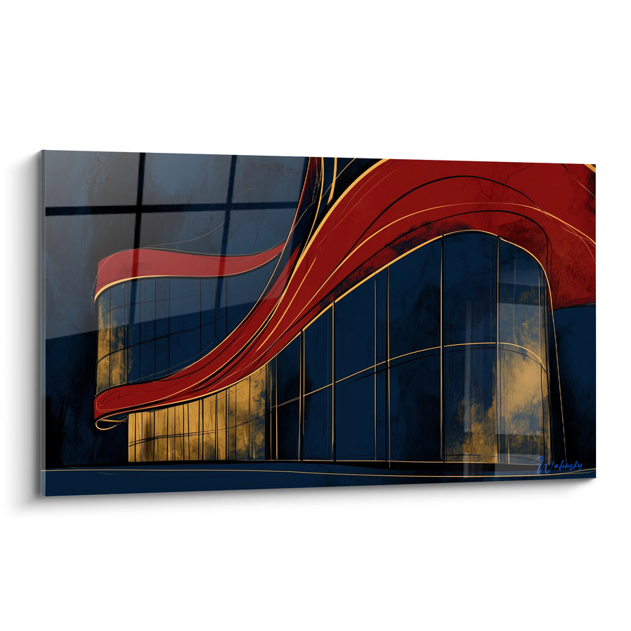 Tableau Façade bleu marine et rouge sinueuse - Courbe monumentale - Edition Architecture abstrait