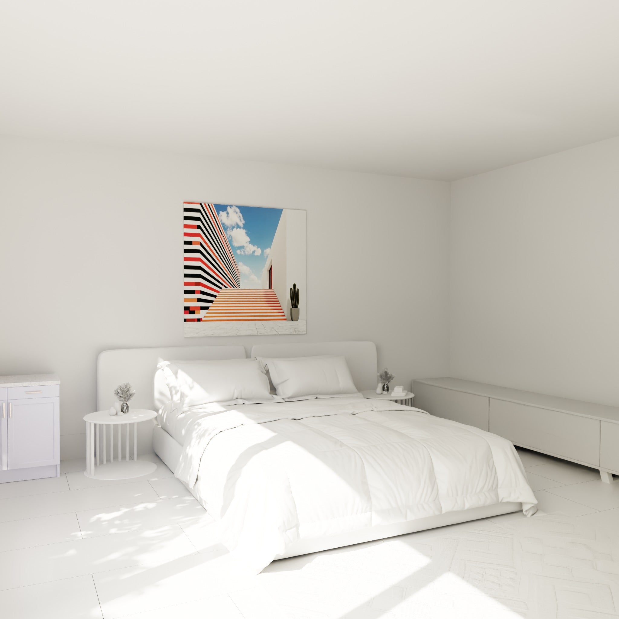 Façade géométrique rouge et noire avec escalier orange, accrochée au-dessus d'un lit dans une chambre claire