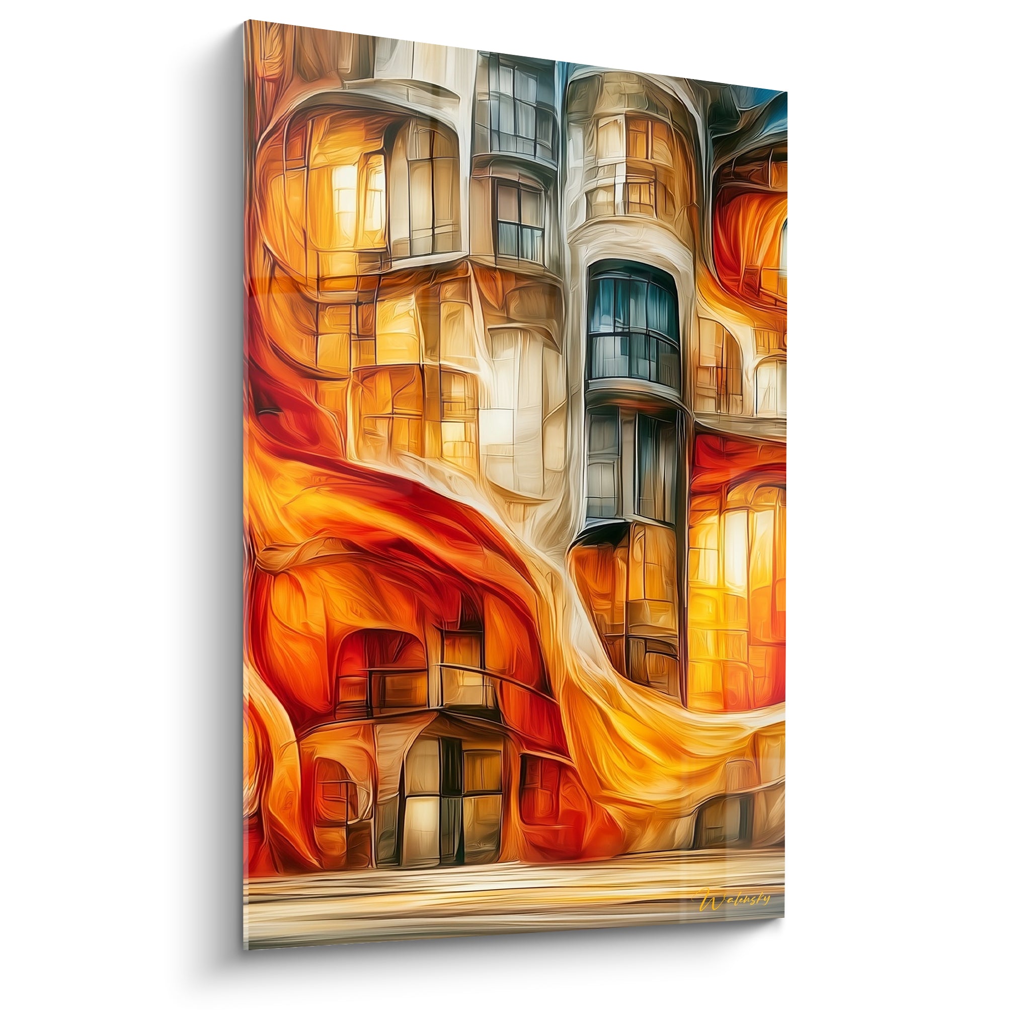 Façade urbaine aux teintes rouge et orangé se fondant en un drapé enflammé, style architecture abstraite