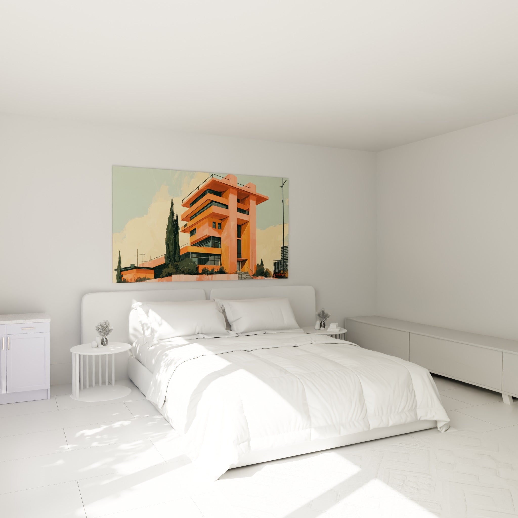 Façade orange vif et ciel vert sauge de ce bâtiment moderniste, au-dessus d'un lit dans une chambre claire