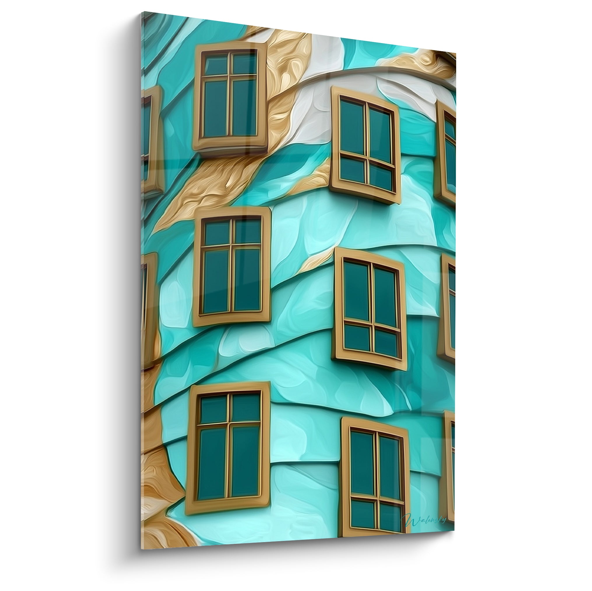 Façade ondulante turquoise et dorée aux fenêtres vertes, style architecture abstraite déformée