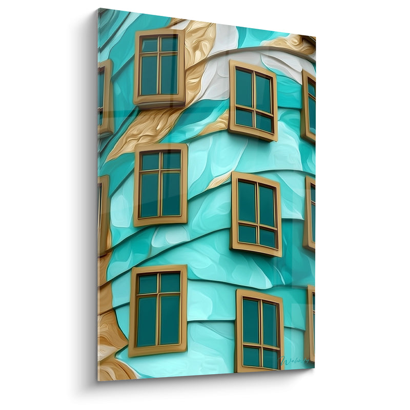 Gemälde Wellenartiges Fassadenbild in Türkis und Gold mit Fenstern - Fassade im Wandel - Architektur Edition abstrakte Kunst