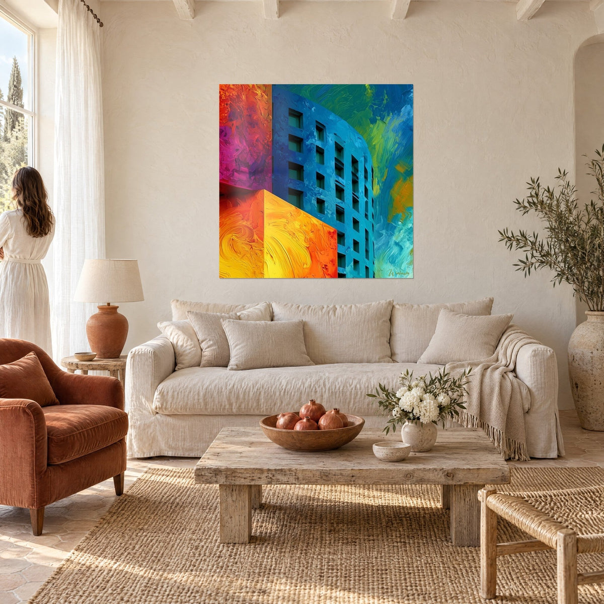 Quadro edificio blu con angoli arancio e magenta, impasto marcato, donna di spalle, sopra un divano in un soggiorno luminoso